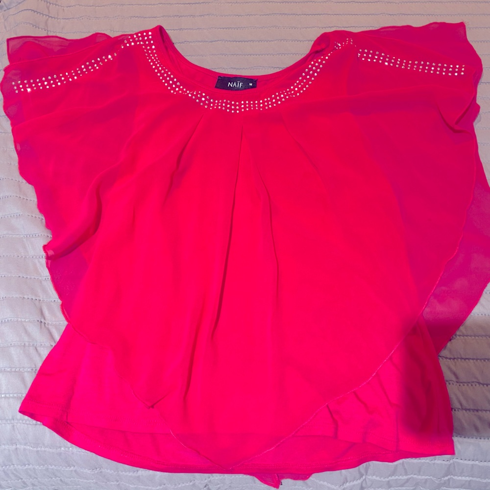 Sheer blouse with rhinestones with stretchy inside tank top attached.